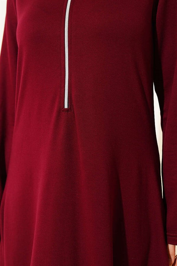 Loisha Dress with Half-Zip Collar, Burgundy
