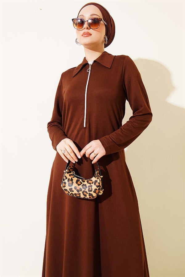 Loisha Dress with Half-Zip Collar, Coffee