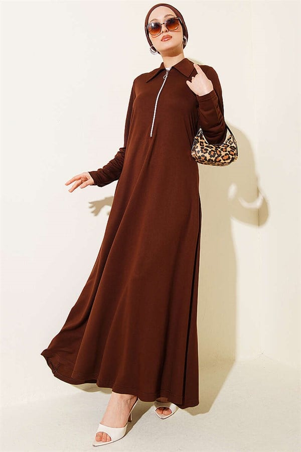 Loisha Dress with Half-Zip Collar, Coffee