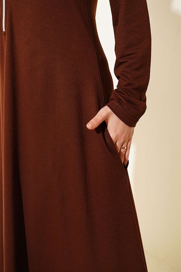 Loisha Dress with Half-Zip Collar, Coffee