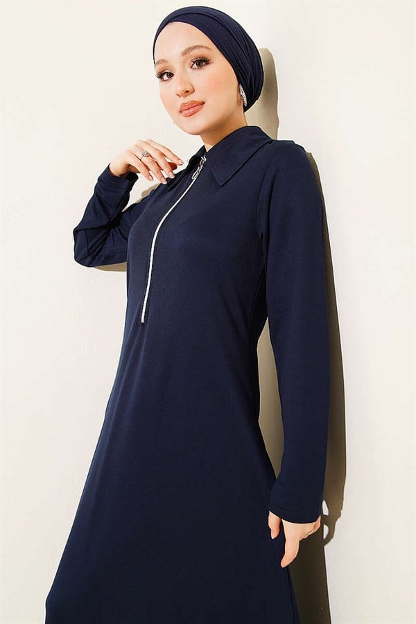 Navy Blue Loisha Dress with Half-Zip Collar