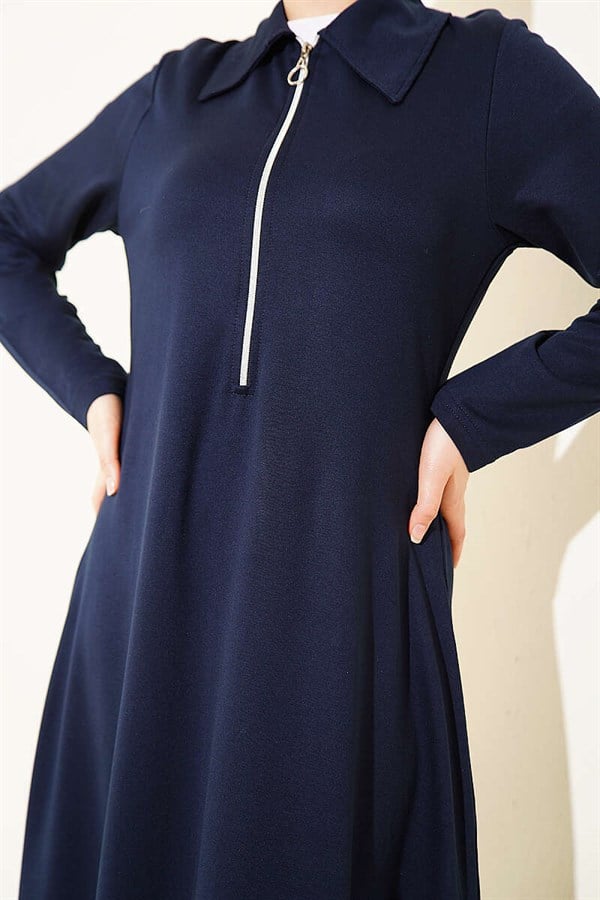 Navy Blue Loisha Dress with Half-Zip Collar