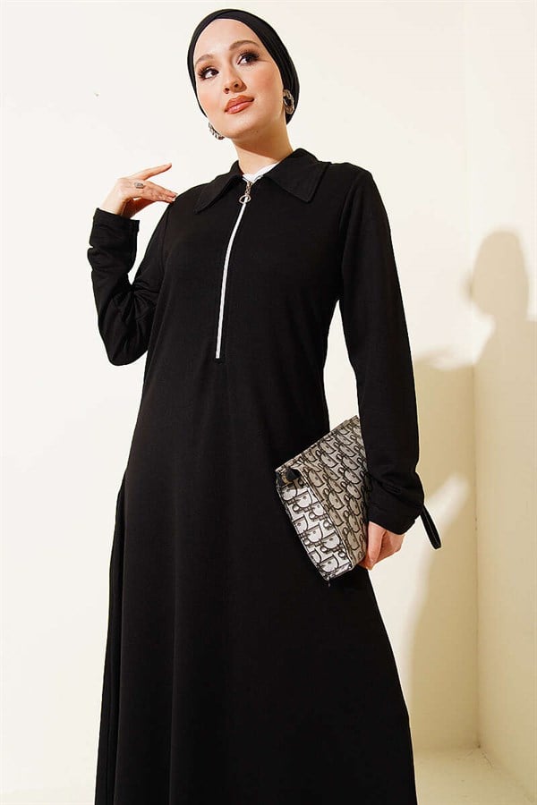 Black Loisha Dress with Half-Zip Collar