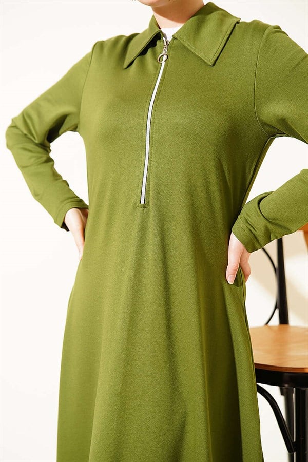Green Loisha Dress with Half-Zip Collar
