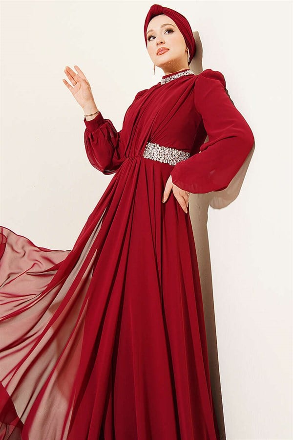 Burgundy Chiffon Evening Dress with Embellished Neckline and Waist.