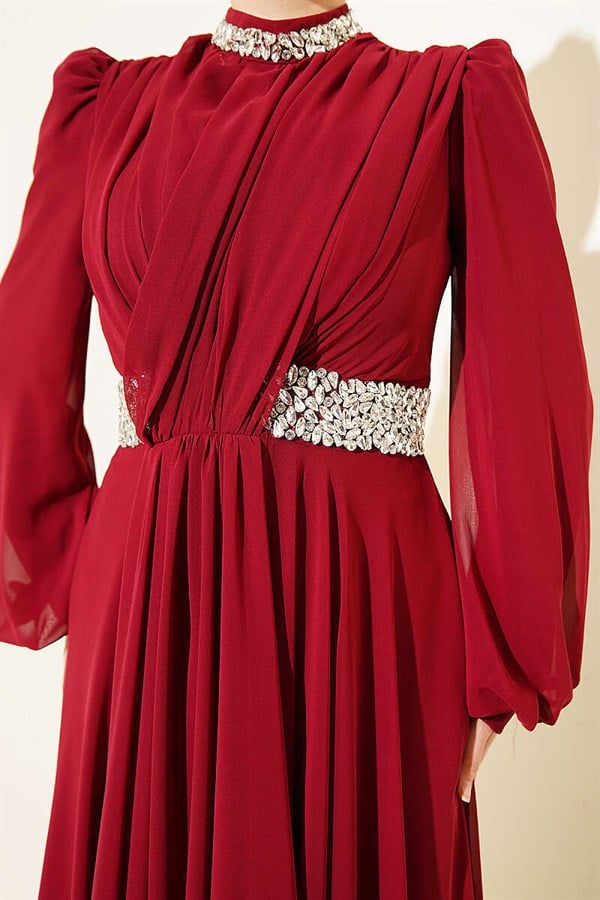 Burgundy Chiffon Evening Dress with Embellished Neckline and Waist.