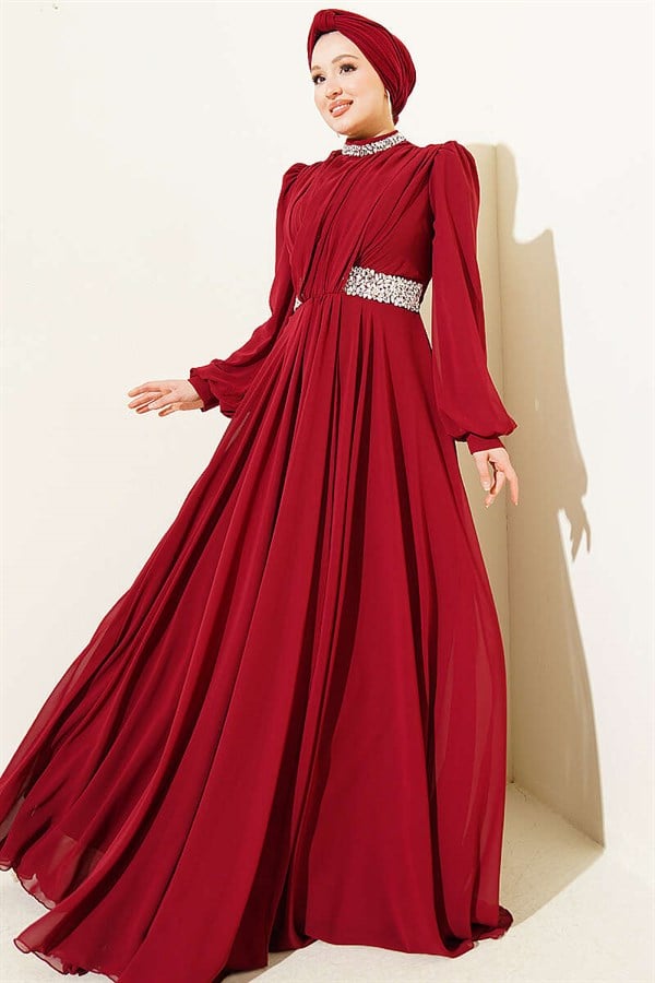 Burgundy Chiffon Evening Dress with Embellished Neckline and Waist.