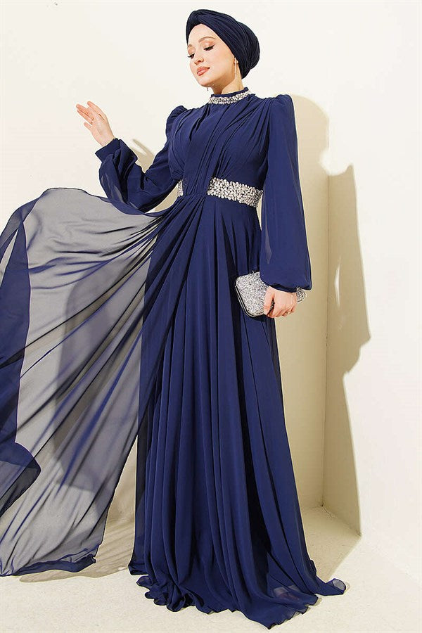 Navy Blue Chiffon Evening Dress with Embellished Neckline and Waist.
