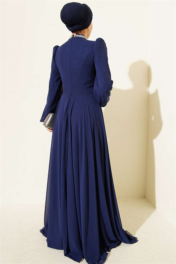Navy Blue Chiffon Evening Dress with Embellished Neckline and Waist.