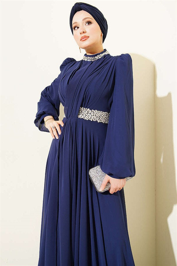 Navy Blue Chiffon Evening Dress with Embellished Neckline and Waist.