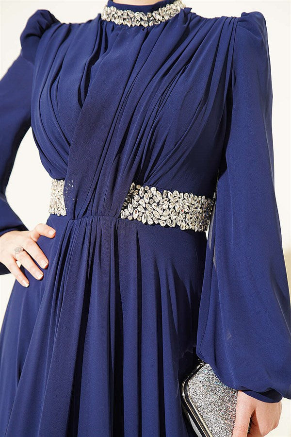 Navy Blue Chiffon Evening Dress with Embellished Neckline and Waist.