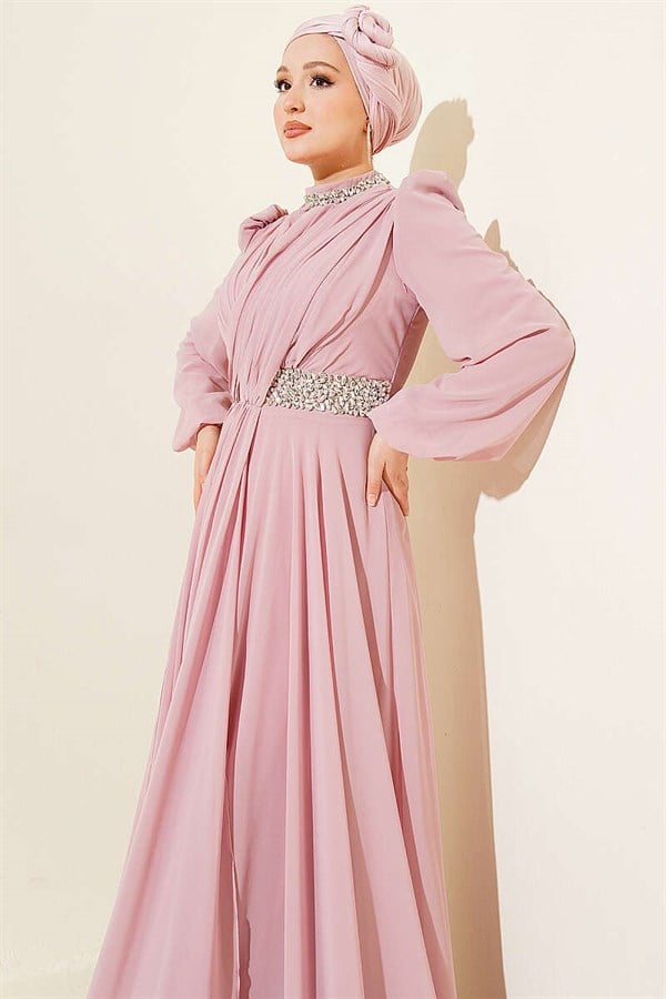 Powder Pink Chiffon Evening Dress with Embellished Neckline and Waist.