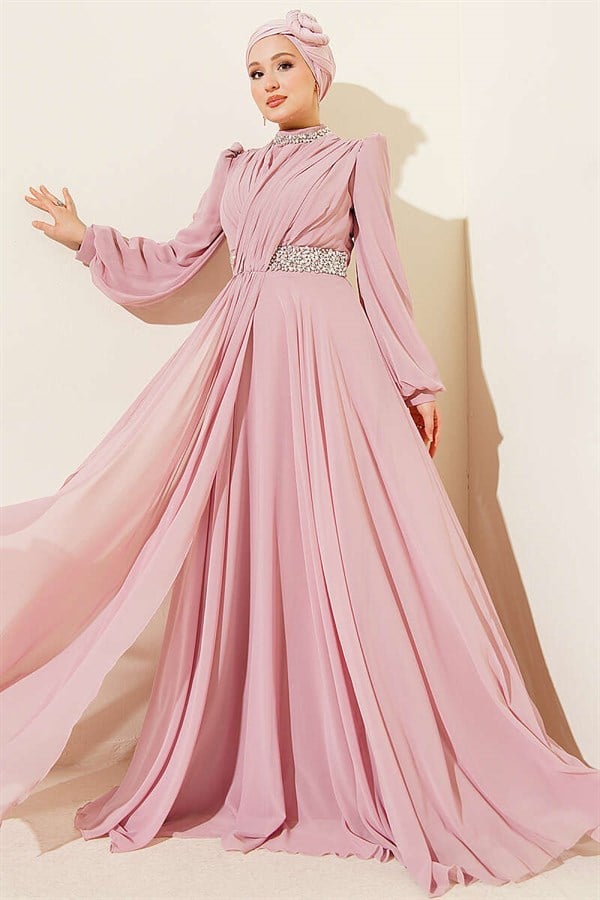 Powder Pink Chiffon Evening Dress with Embellished Neckline and Waist.