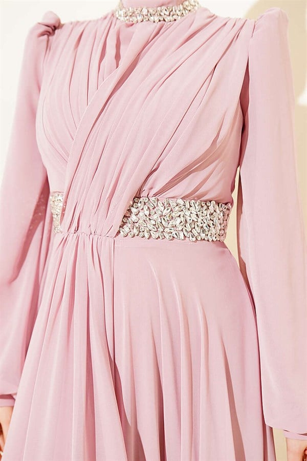 Powder Pink Chiffon Evening Dress with Embellished Neckline and Waist.