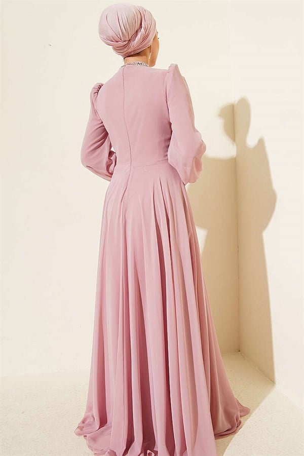 Powder Pink Chiffon Evening Dress with Embellished Neckline and Waist.