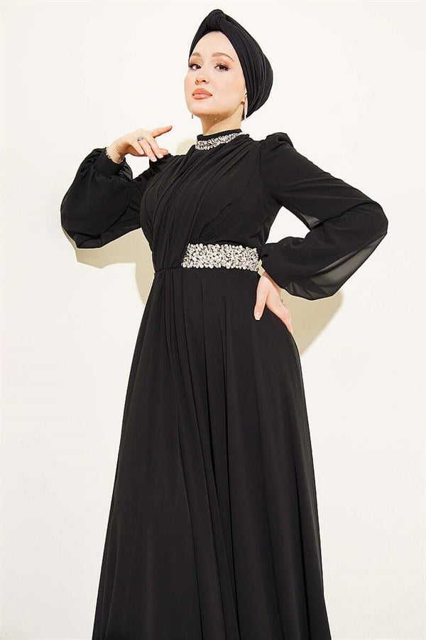 Black Chiffon Evening Dress with Embellished Neckline and Waist