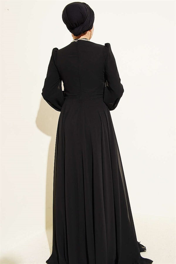 Black Chiffon Evening Dress with Embellished Neckline and Waist