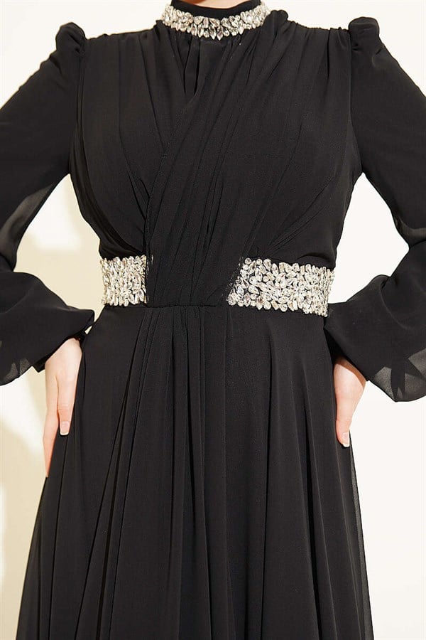 Black Chiffon Evening Dress with Embellished Neckline and Waist
