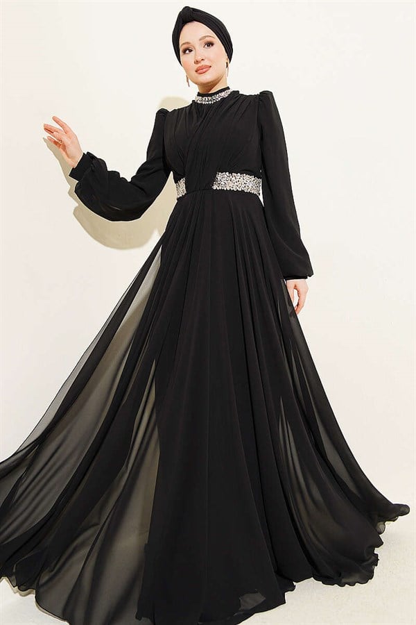 Black Chiffon Evening Dress with Embellished Neckline and Waist