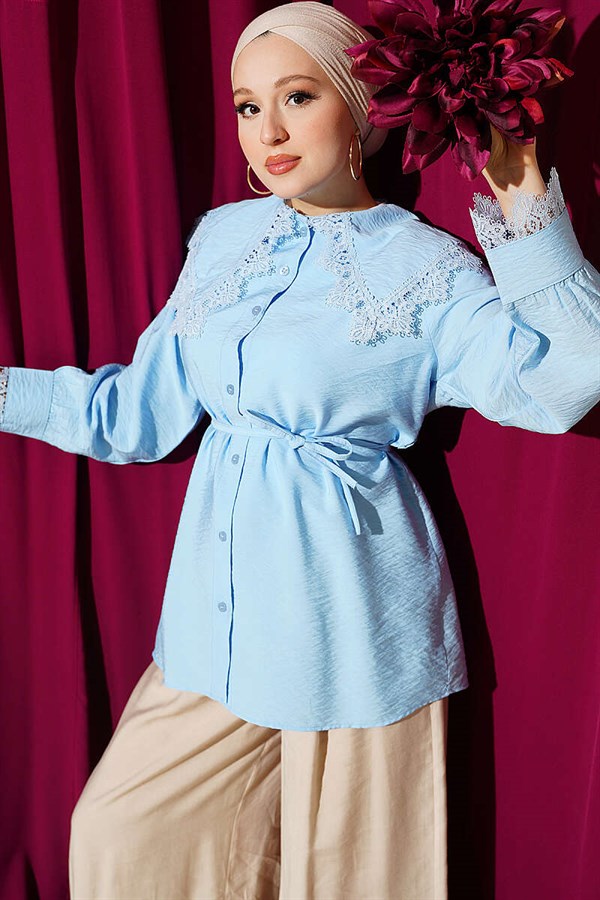 Baby Blue Shirt with Lace Trim on Collar and Cuffs