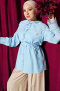 Baby Blue Shirt with Lace Trim on Collar and Cuffs