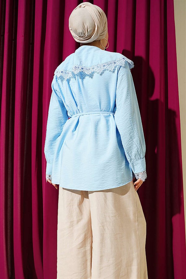 Baby Blue Shirt with Lace Trim on Collar and Cuffs