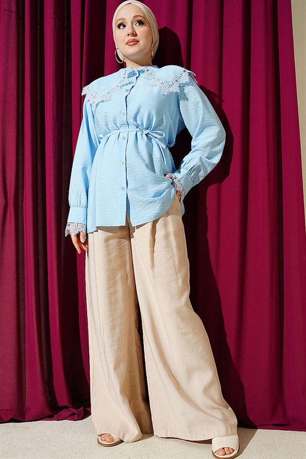 Baby Blue Shirt with Lace Trim on Collar and Cuffs