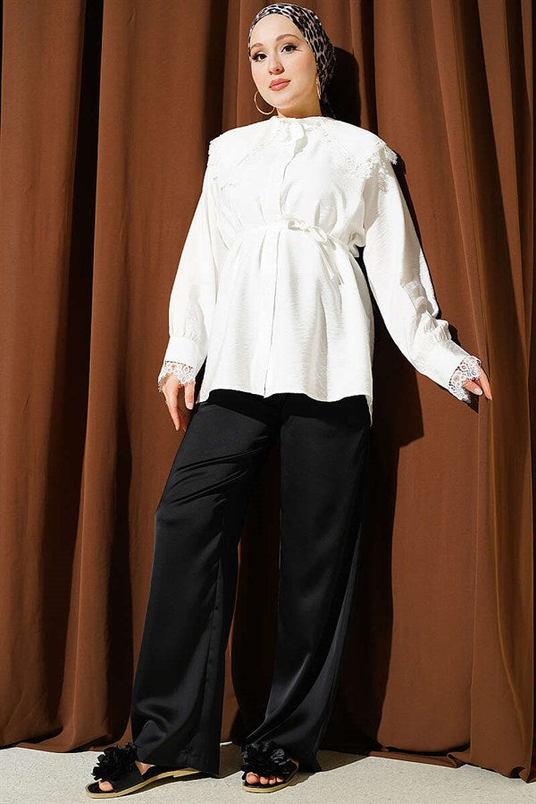 Shirt with Lace Detail on Collar and Cuffs, Ecru