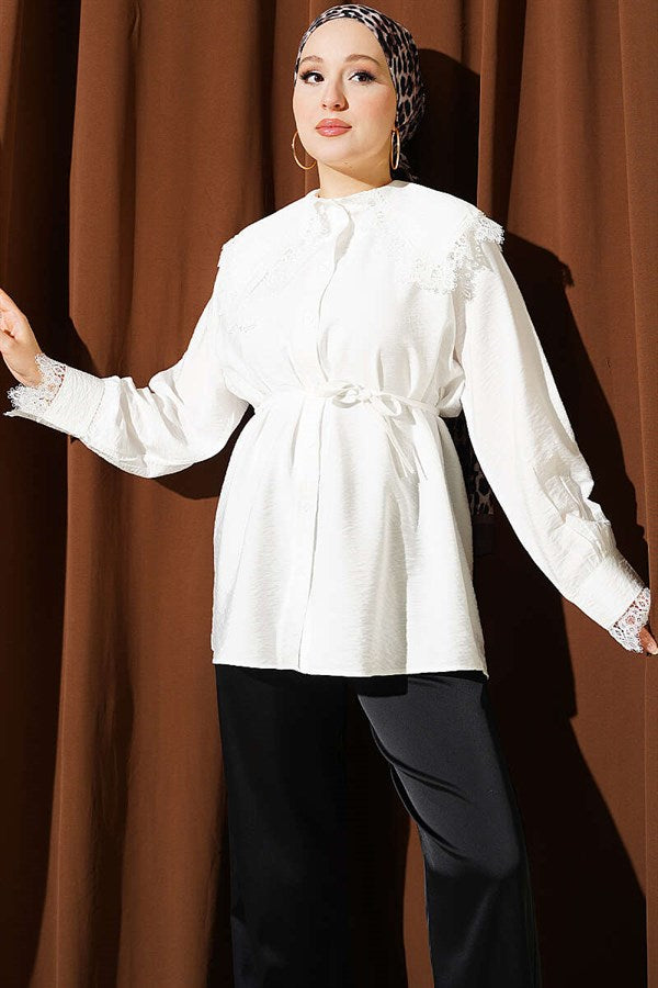 Shirt with Lace Detail on Collar and Cuffs, Ecru