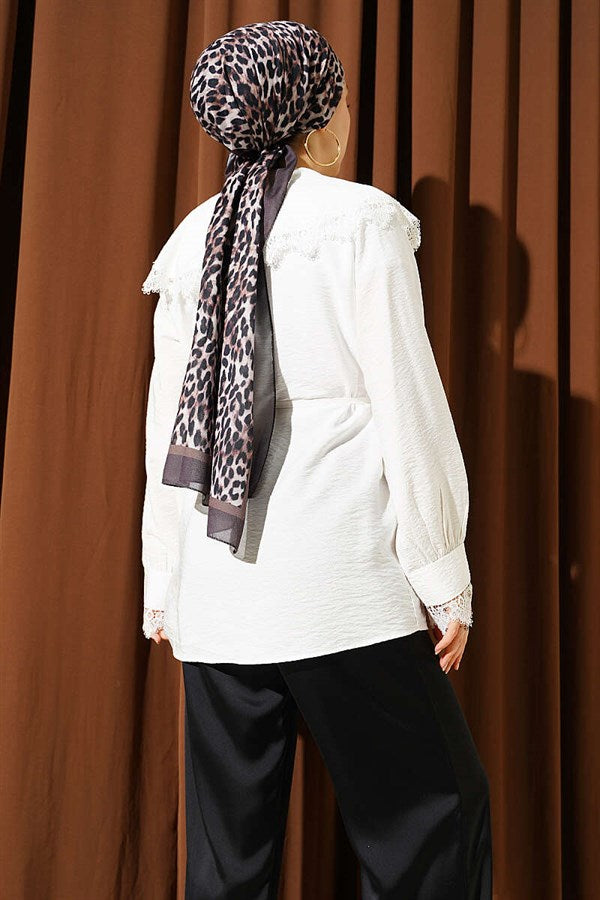 Shirt with Lace Detail on Collar and Cuffs, Ecru