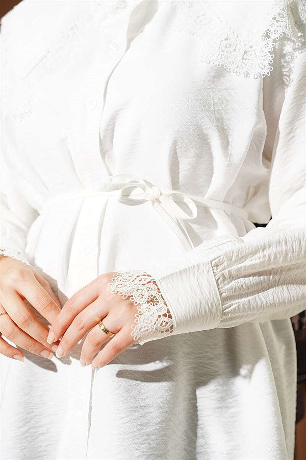 Shirt with Lace Detail on Collar and Cuffs, Ecru