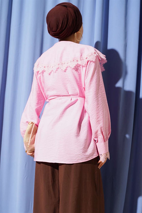 Pink Shirt with Lace Detail on Collar and Cuffs
