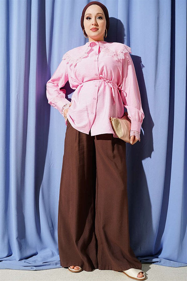 Pink Shirt with Lace Detail on Collar and Cuffs