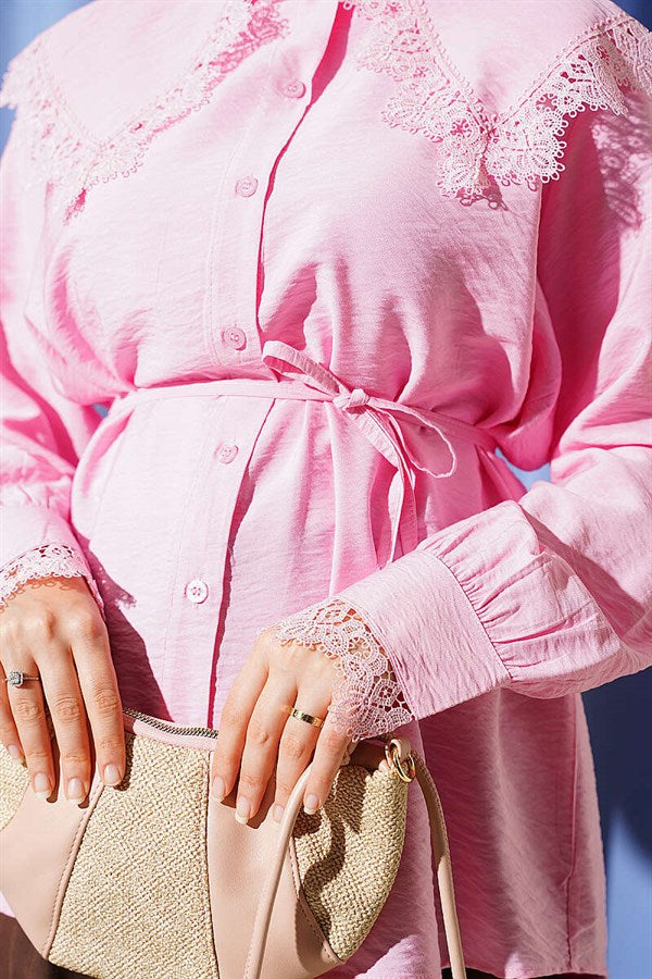 Pink Shirt with Lace Detail on Collar and Cuffs