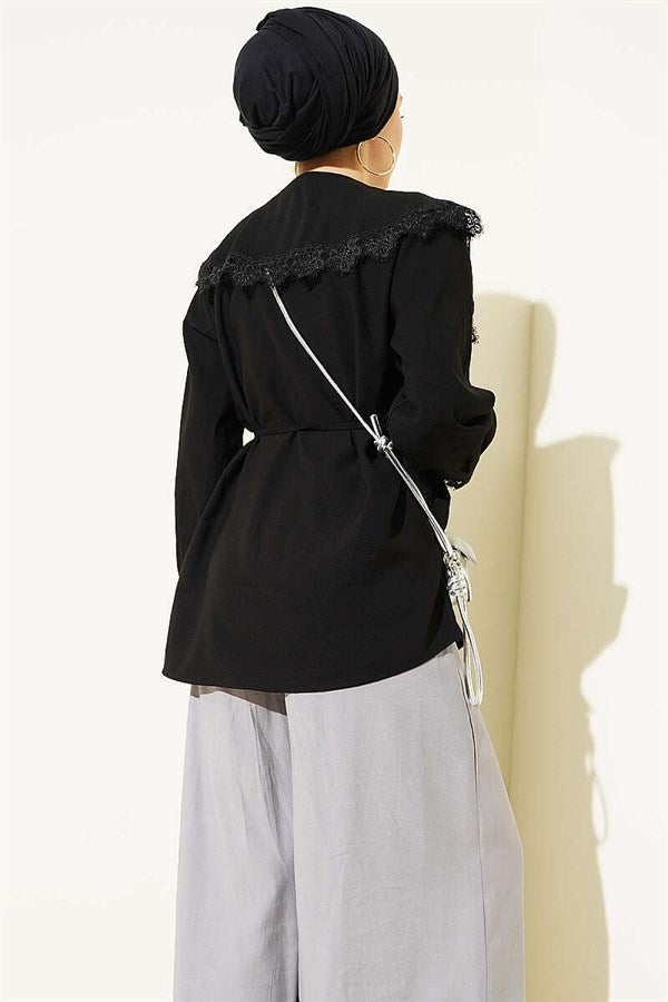 Shirt with Lace Detail on Collar and Cuffs, Black