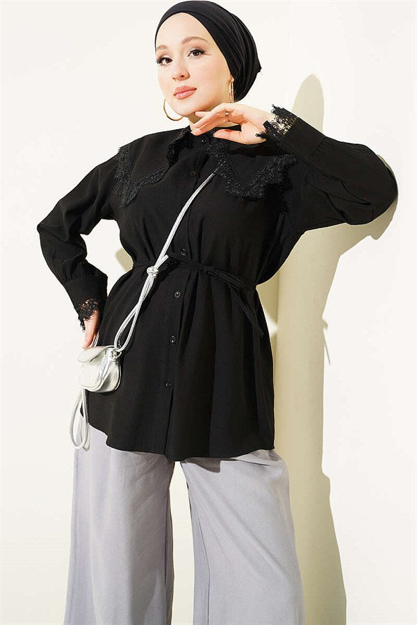 Shirt with Lace Detail on Collar and Cuffs, Black