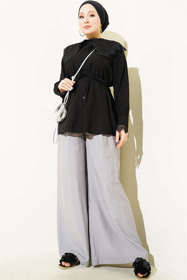 Shirt with Lace Detail on Collar and Cuffs, Black