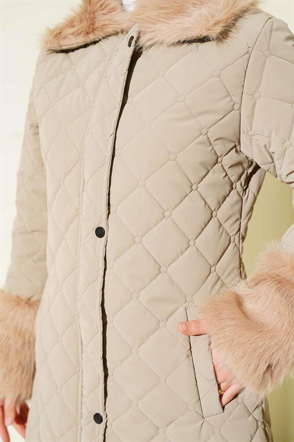 Quilted Coat with Fur Collar and Wrists, Beige