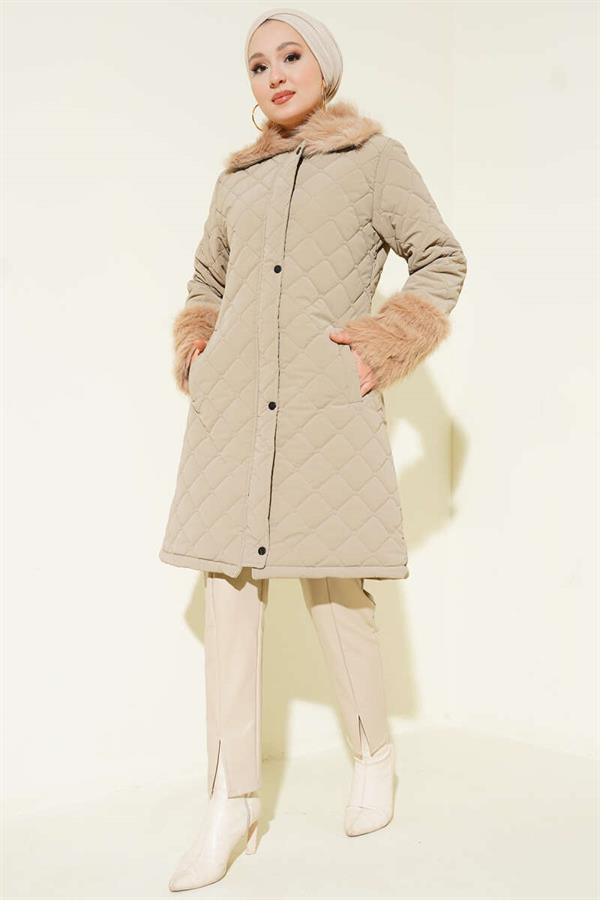 Quilted Coat with Fur Collar and Wrists, Beige