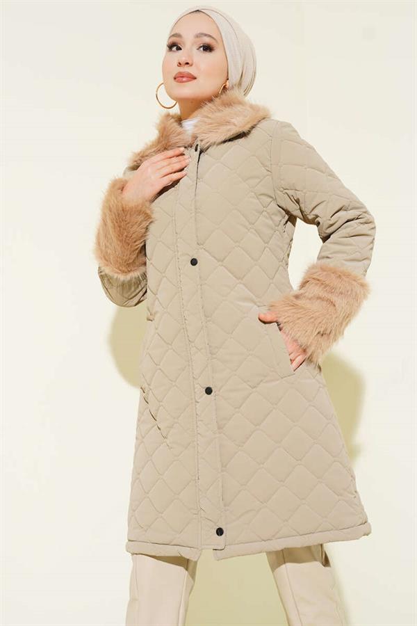 Quilted Coat with Fur Collar and Wrists, Beige