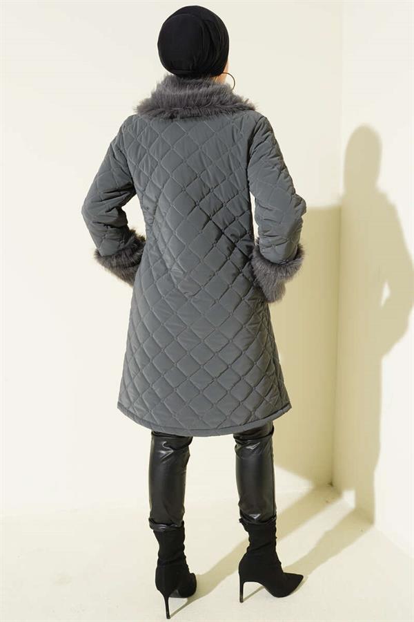 Quilted Coat with Fur Collar and Wrists, Smoke Color