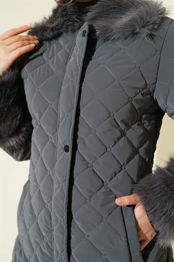 Quilted Coat with Fur Collar and Wrists, Smoke Color