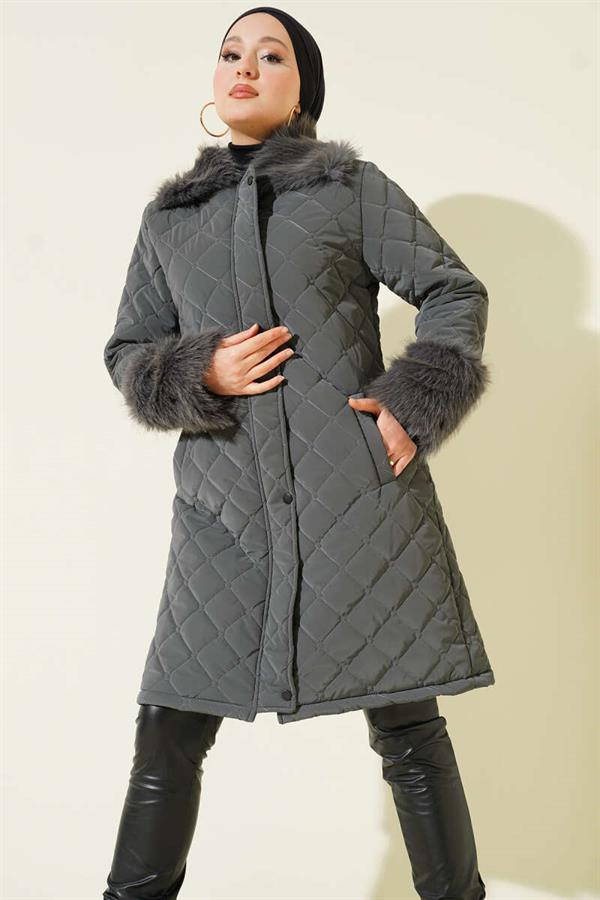 Quilted Coat with Fur Collar and Wrists, Smoke Color