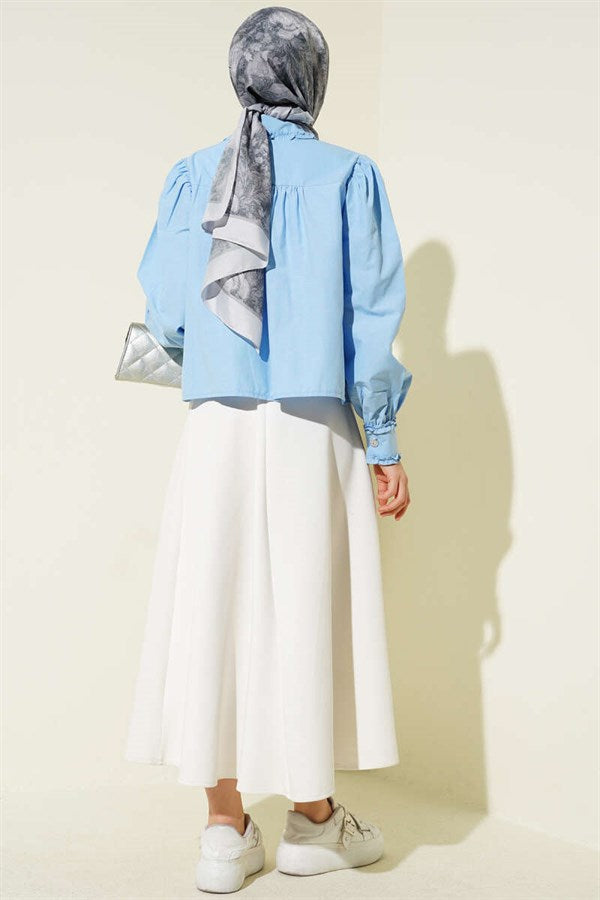 Baby Blue Short Shirt with Ruffled Collar and Sleeves