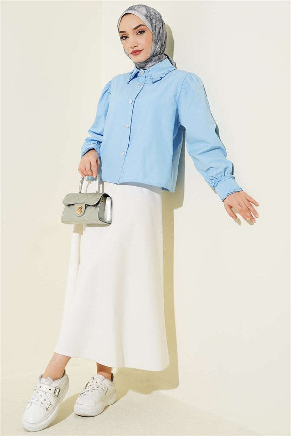 Baby Blue Short Shirt with Ruffled Collar and Sleeves