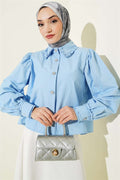 Baby Blue Short Shirt with Ruffled Collar and Sleeves