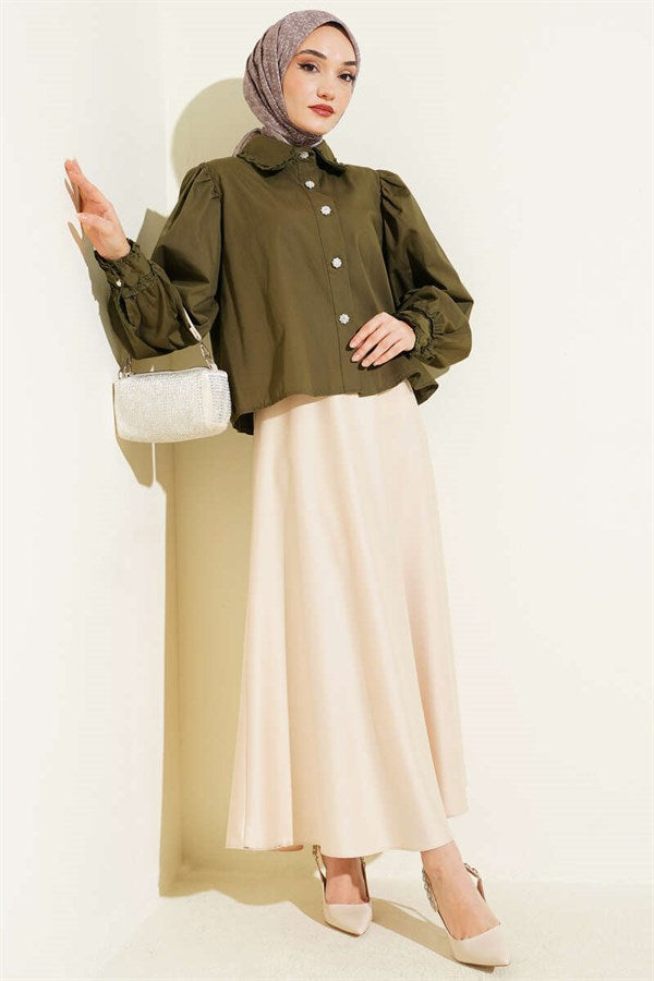 Short Shirt with Ruffled Collar and Sleeves, Khaki