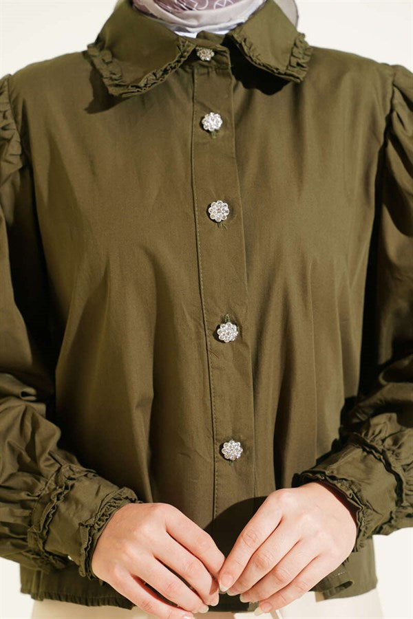 Short Shirt with Ruffled Collar and Sleeves, Khaki