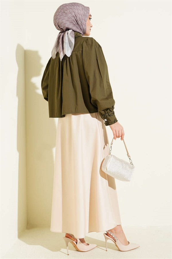 Short Shirt with Ruffled Collar and Sleeves, Khaki