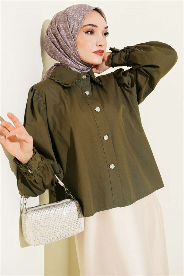 Short Shirt with Ruffled Collar and Sleeves, Khaki